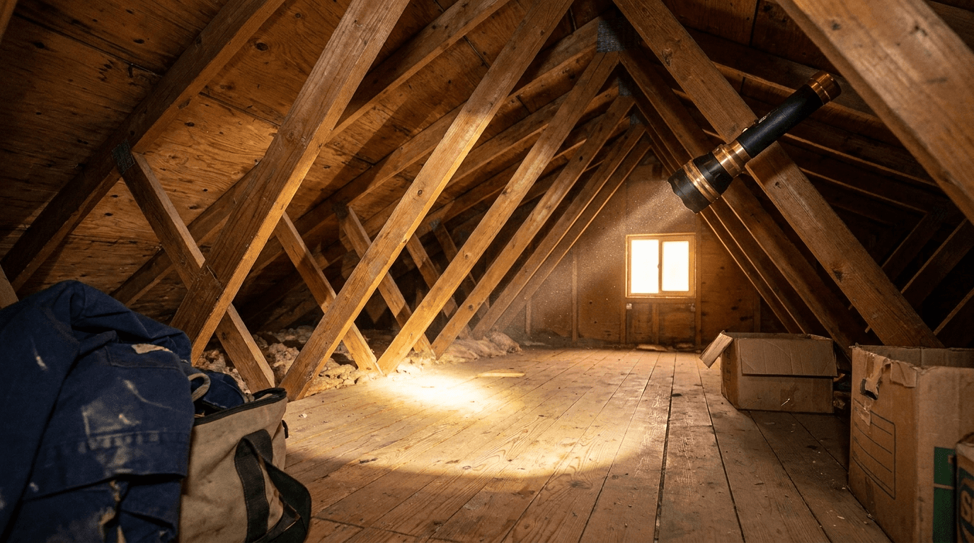 Inspecting an attic roof deck for moisture and mold conditions